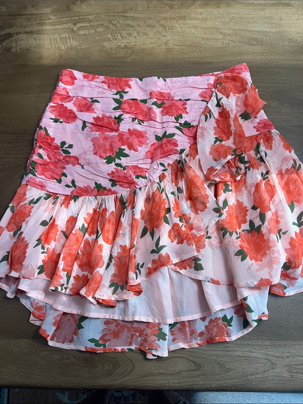 Maeve Pink and Coral Floral High-Low Ruffle Skirt